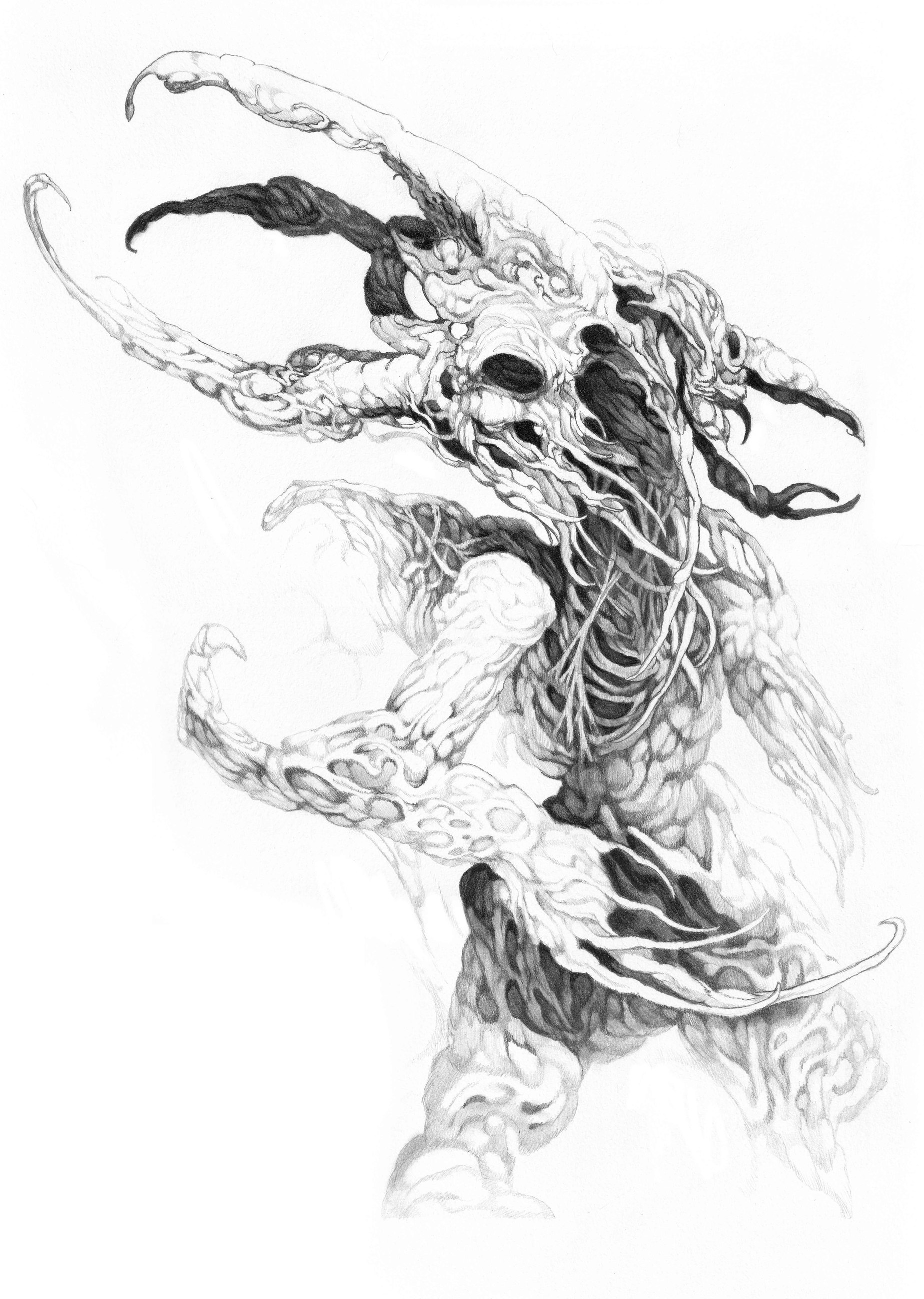 Original monster creature drawing, dark fantasy pencil illustration by Mark Worst