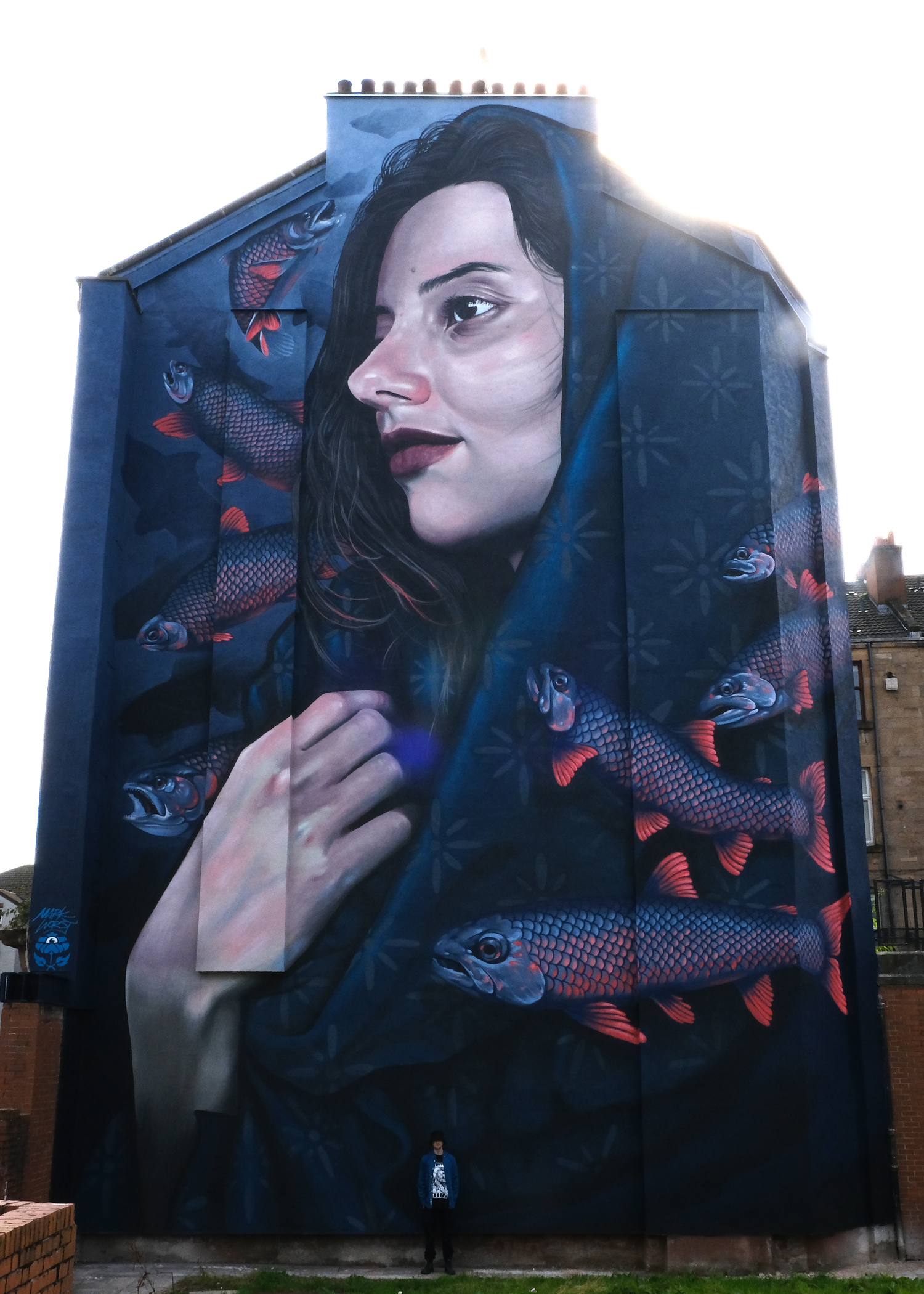 Veil and fish mural, building side, Bridgeton, Glasgow, Mark Worst