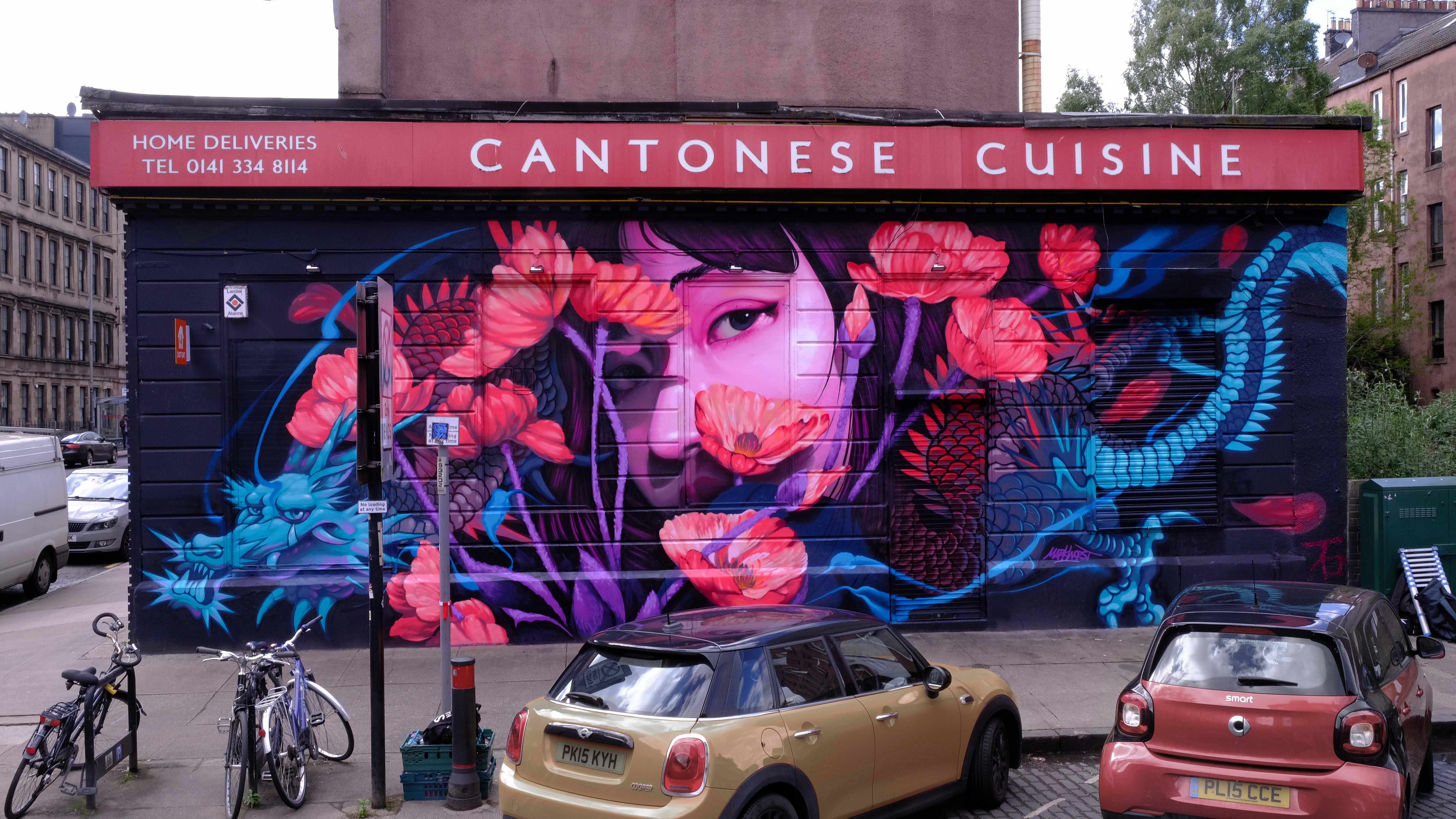 Poppy flowers mural, Cantonese Cuisine storefront, Glasgow, Mark Worst