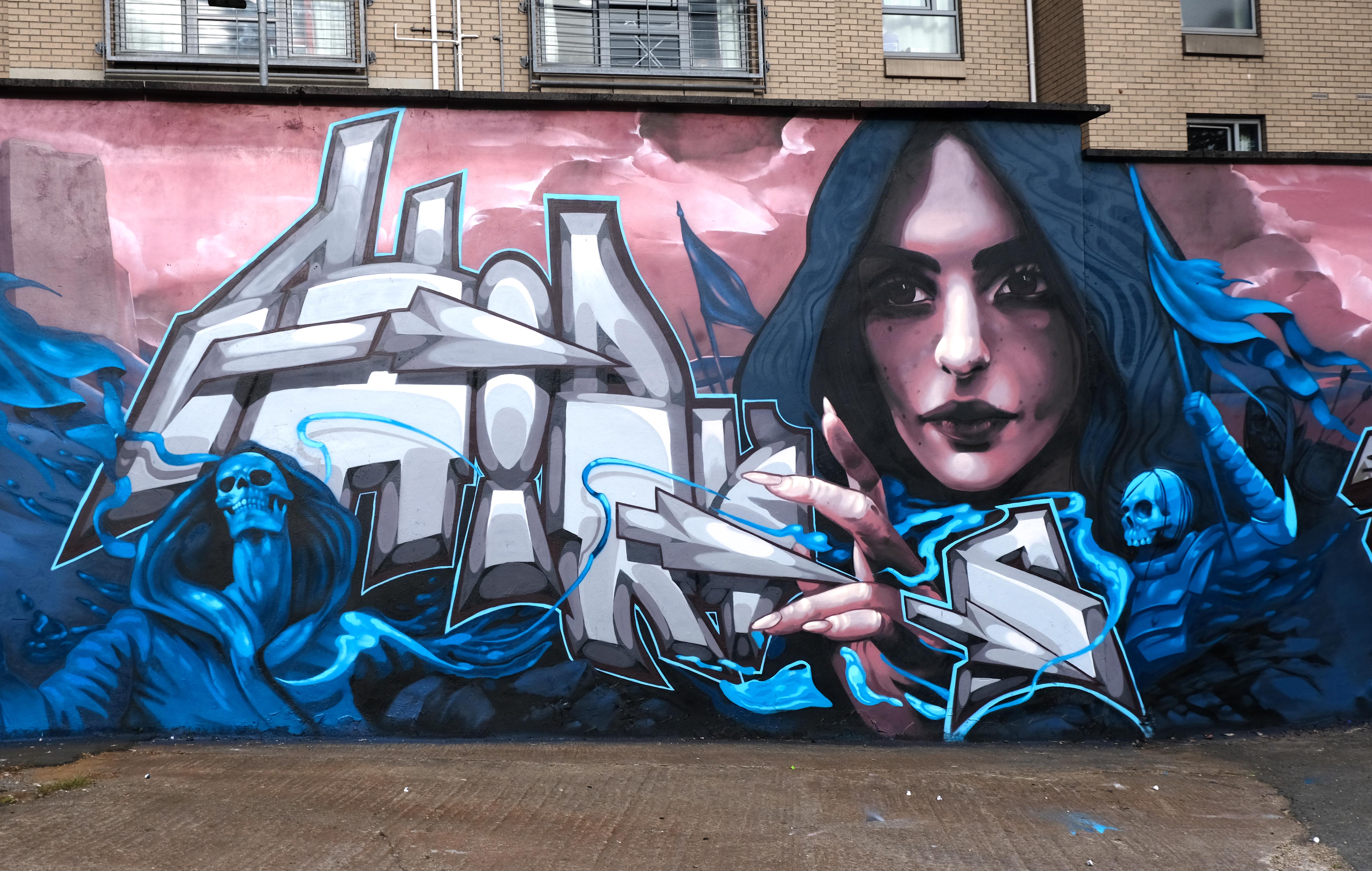 Graffiti lettering mural, woman face, Mark Worst