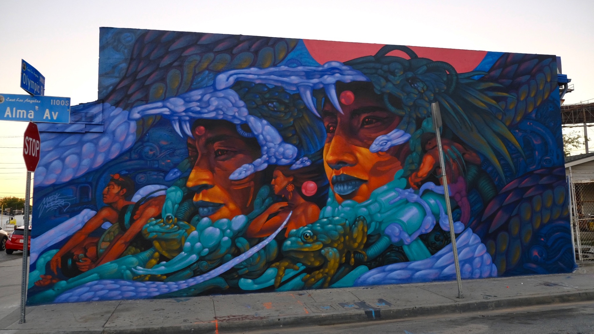 Quetzalcoatl mural, Olympic & Alma, Los Angeles, Mark Worst