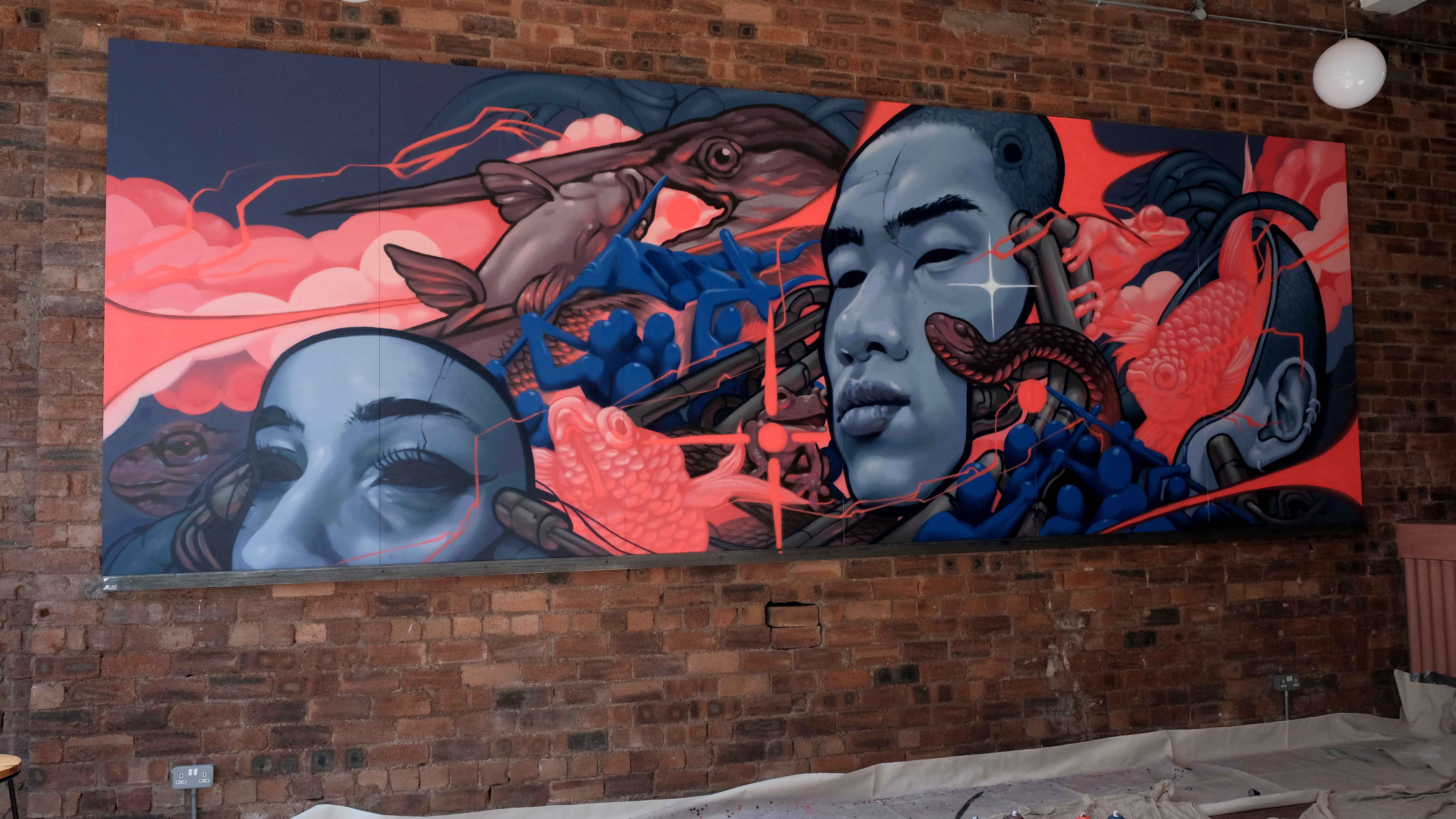 Face and koi mural, The Alchemy Experiment, Glasgow, Mark Worst