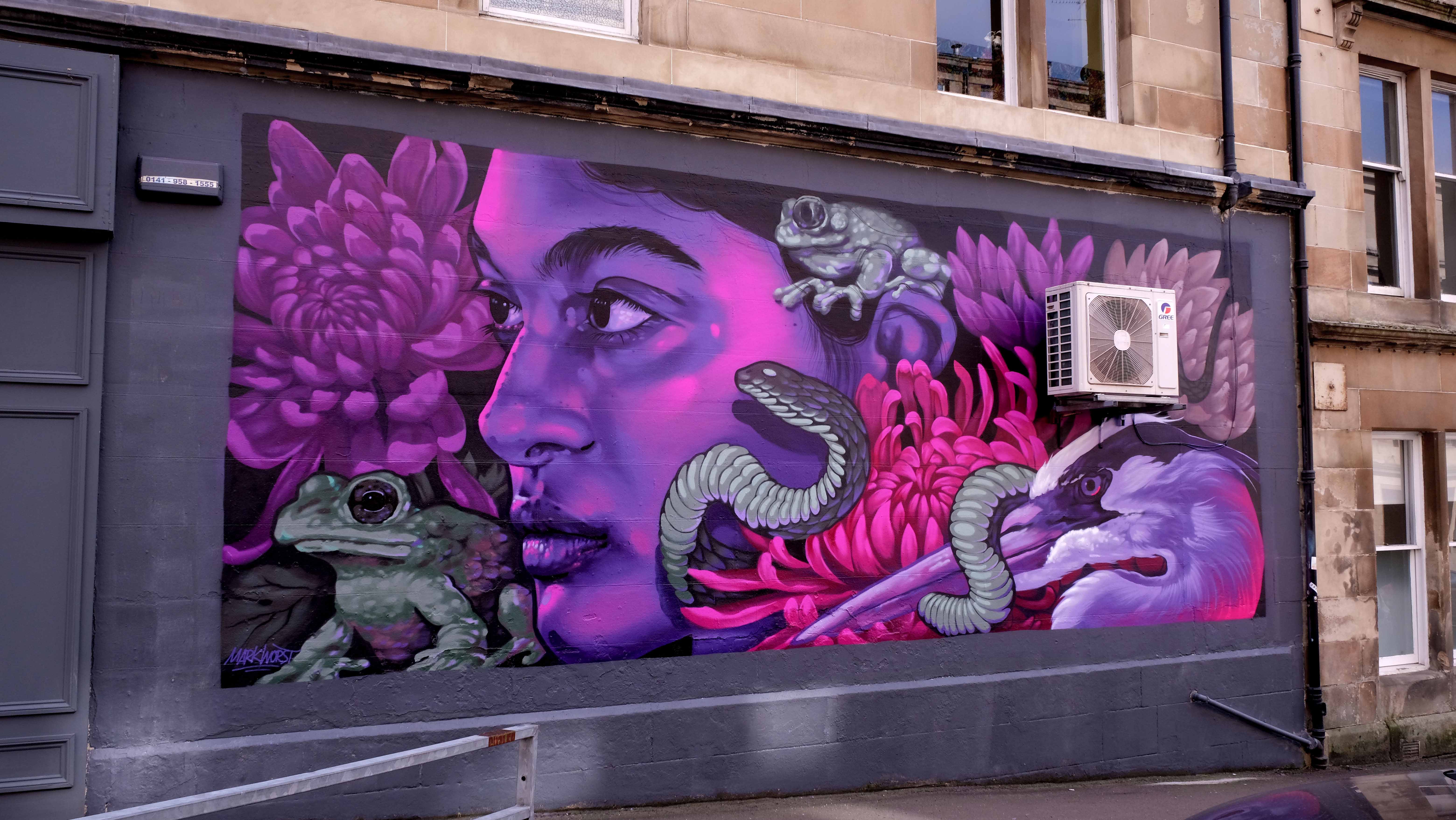 Purple bloom mural, West End, Glasgow, Mark Worst