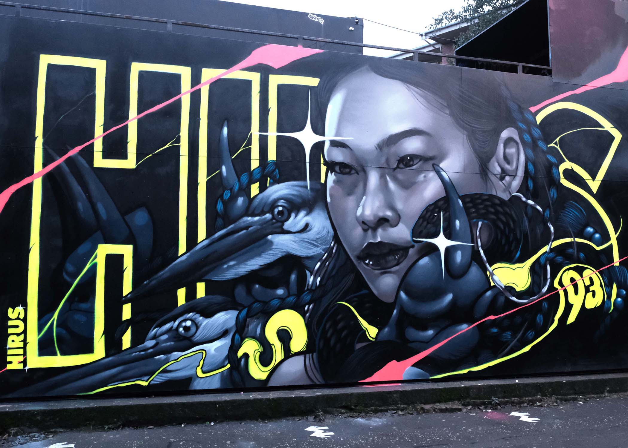 Woman and birds mural, graffiti lettering, Mark Worst