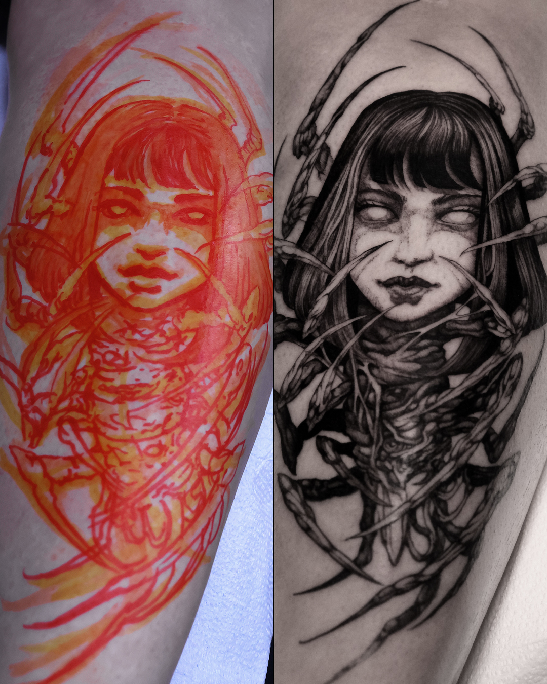 Freehand sketch compared to finished tattoo, dark fantasy portrait, Mark Worst