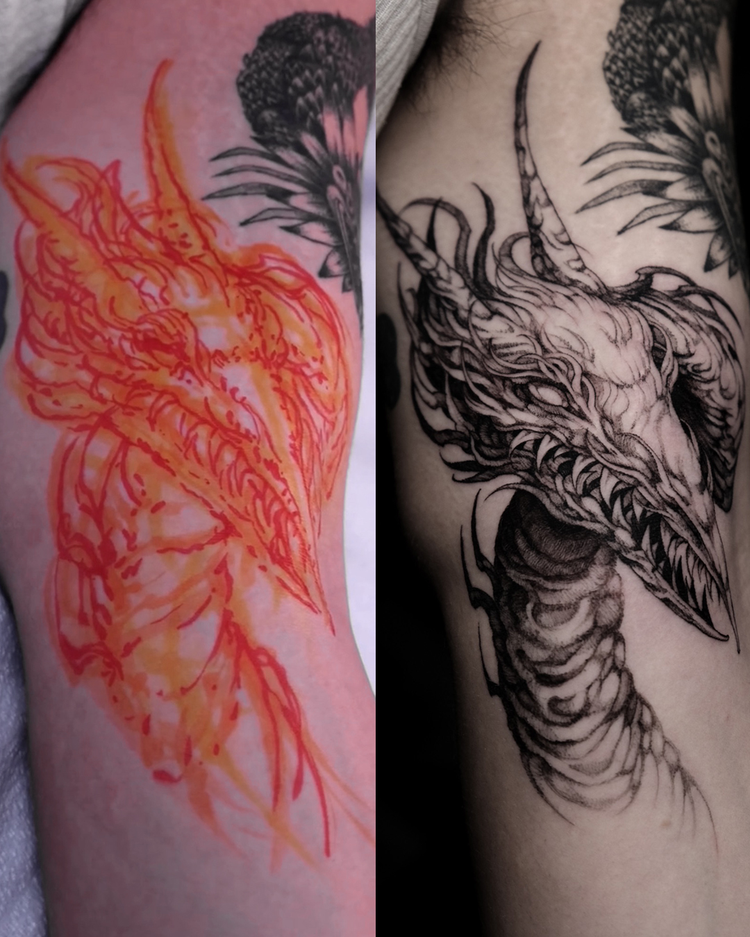 Freehand sketch compared to finished tattoo, dragon skull design, Mark Worst