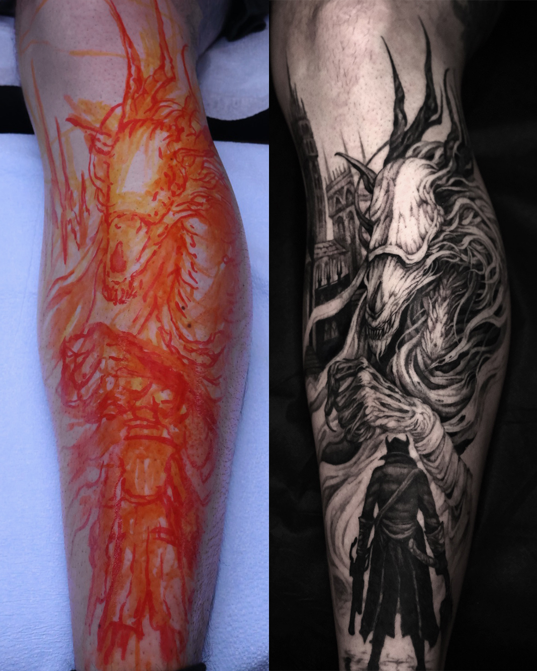 Freehand sketch compared to finished tattoo, hooded dark fantasy figure, Mark Worst