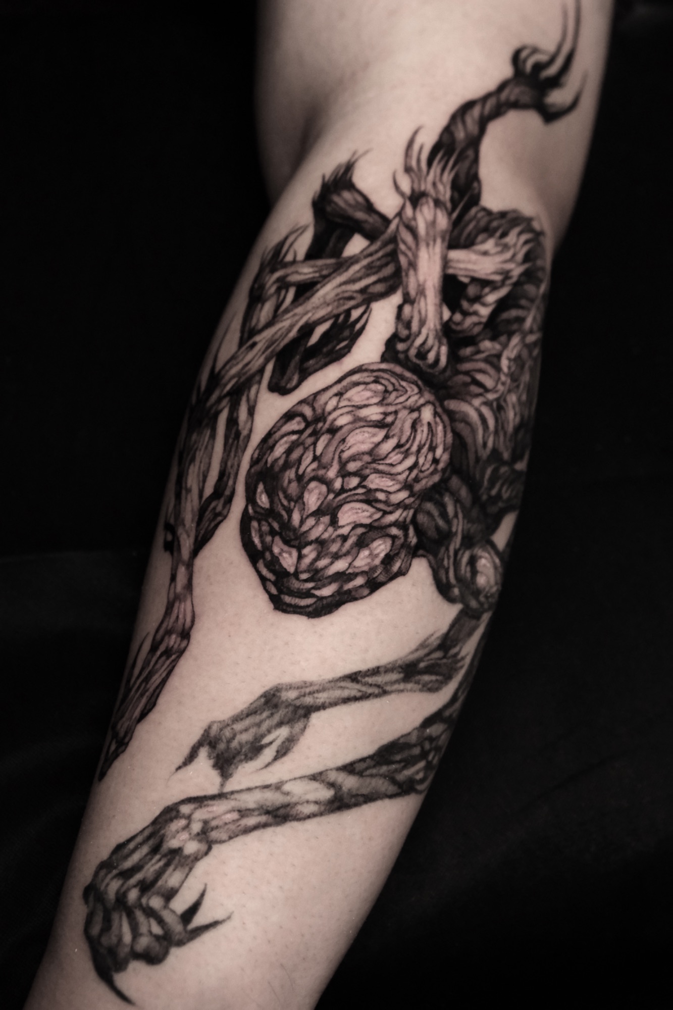 Amygdala, Bloodborne tattoo by Mark Worst, freehand dark fantasy style, Los Angeles
