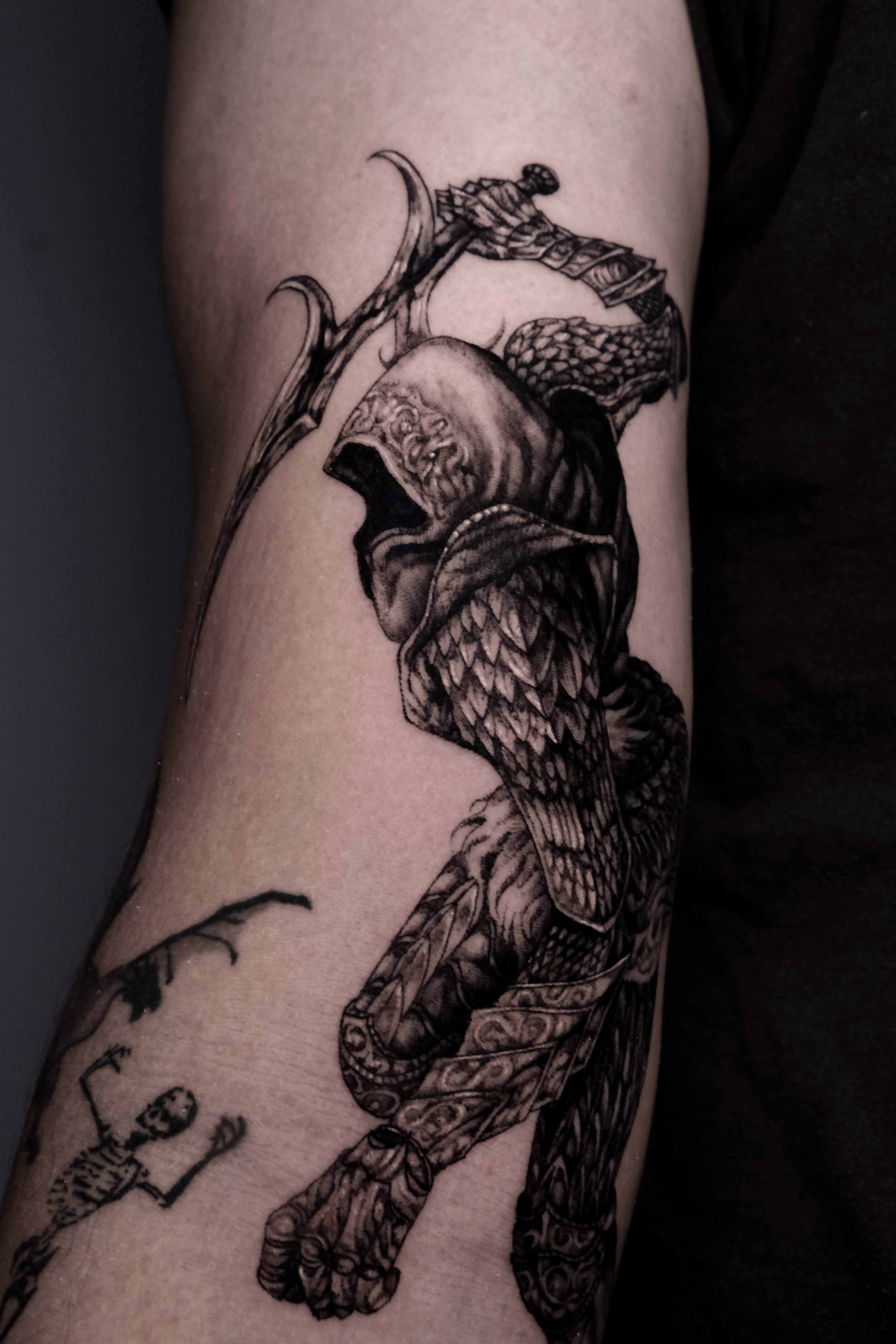 Black Knife Assassin, Elden Ring tattoo by Mark Worst, freehand dark fantasy style, Los Angeles