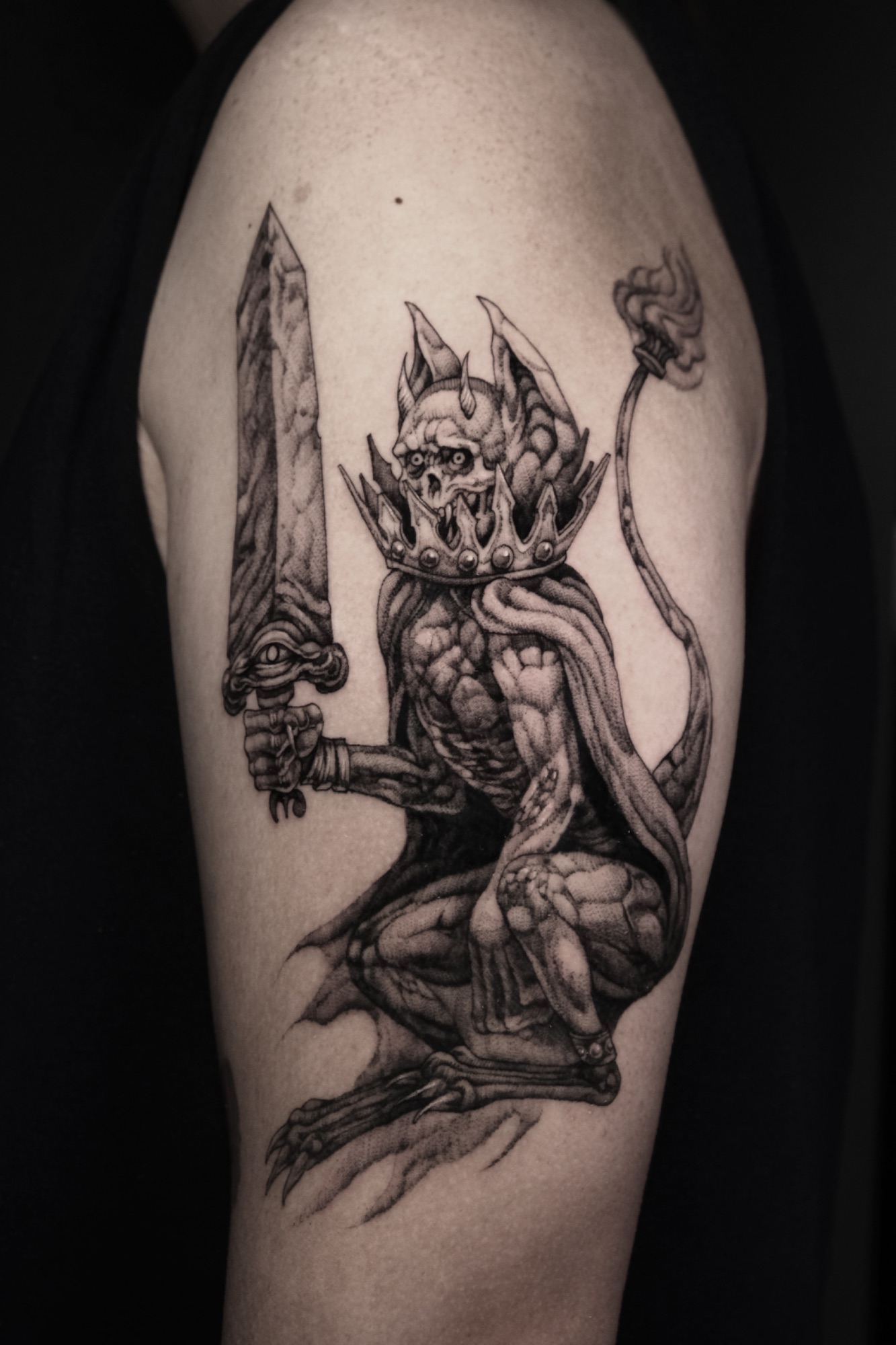 Burial Watchdog, Dark Souls tattoo by Mark Worst, freehand dark fantasy style, Los Angeles
