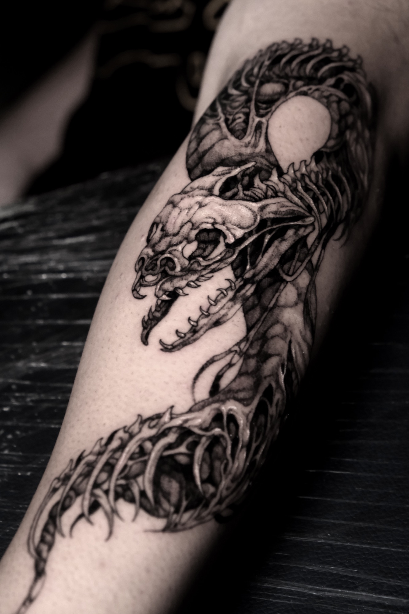 Dark Creature, Dark Fantasy tattoo by Mark Worst, freehand dark fantasy style, Los Angeles