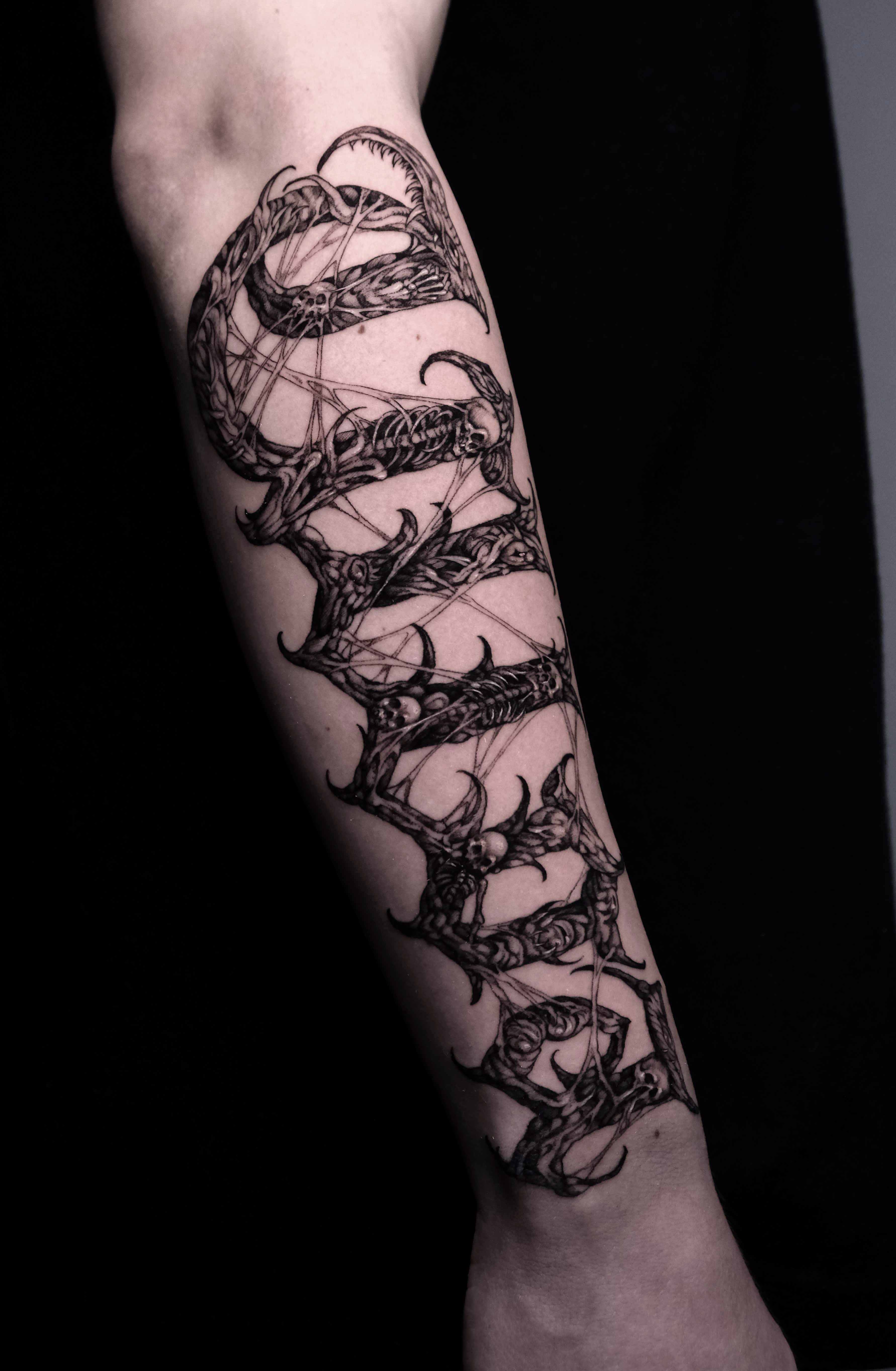Skeletal Thorn Sleeve, Dark Fantasy tattoo by Mark Worst, freehand dark fantasy style, Los Angeles
