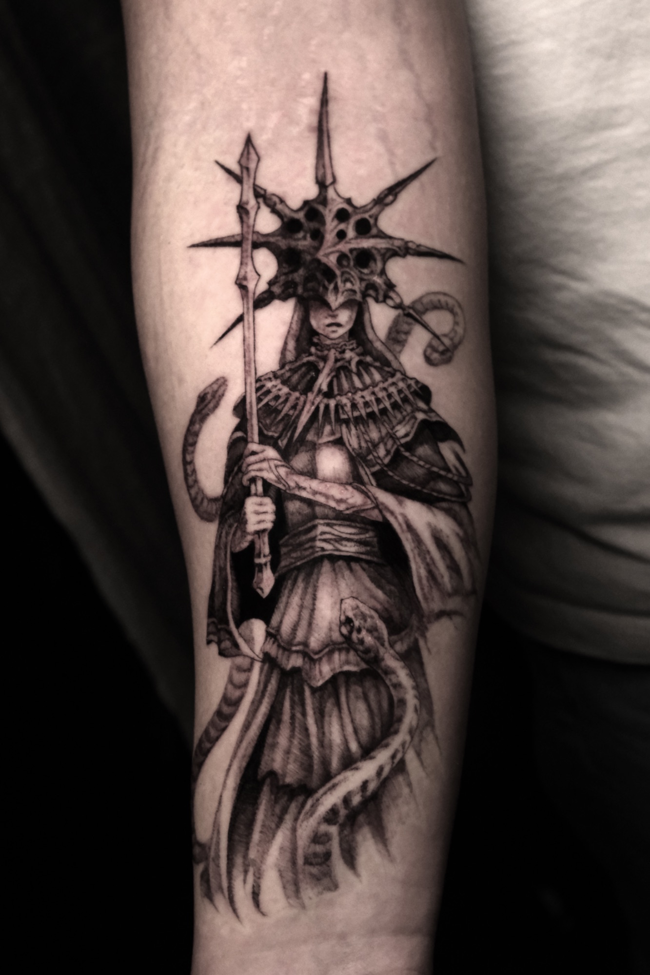 Gwyndolin, Dark Souls tattoo by Mark Worst, freehand dark fantasy style, Los Angeles