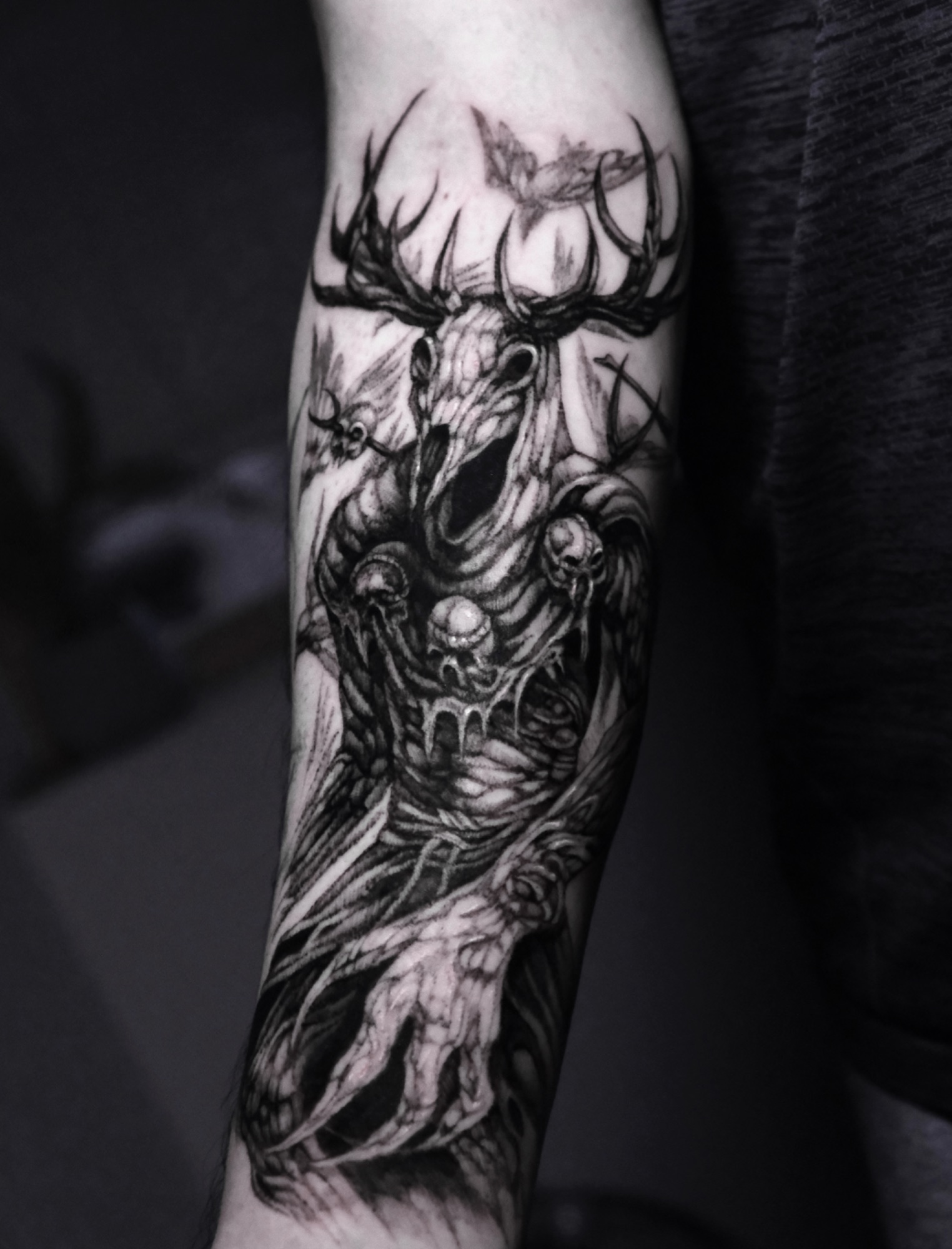 Leshen, The Witcher tattoo by Mark Worst, freehand dark fantasy style, Los Angeles