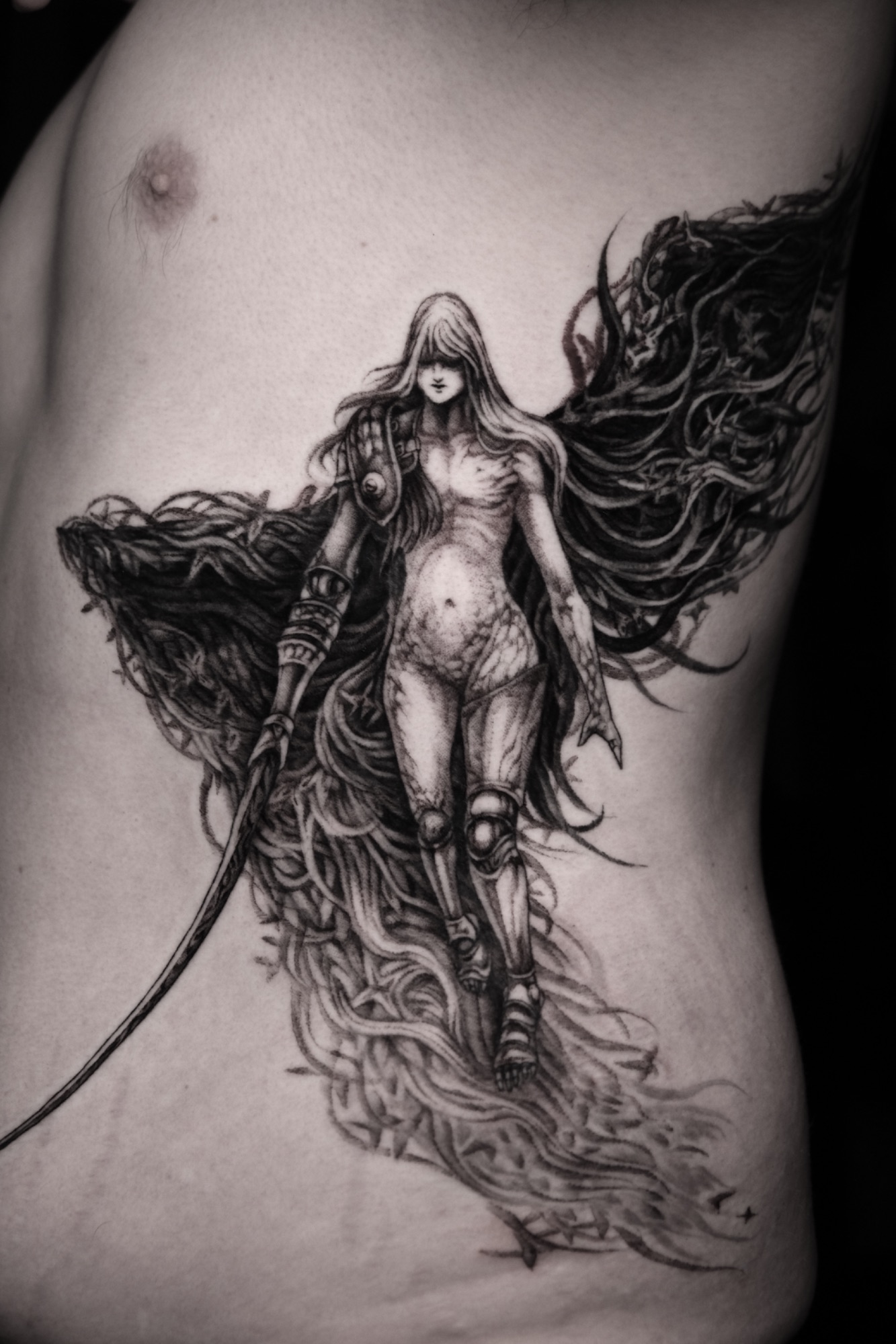Malenia, Phase II, Elden Ring tattoo by Mark Worst, freehand dark fantasy style