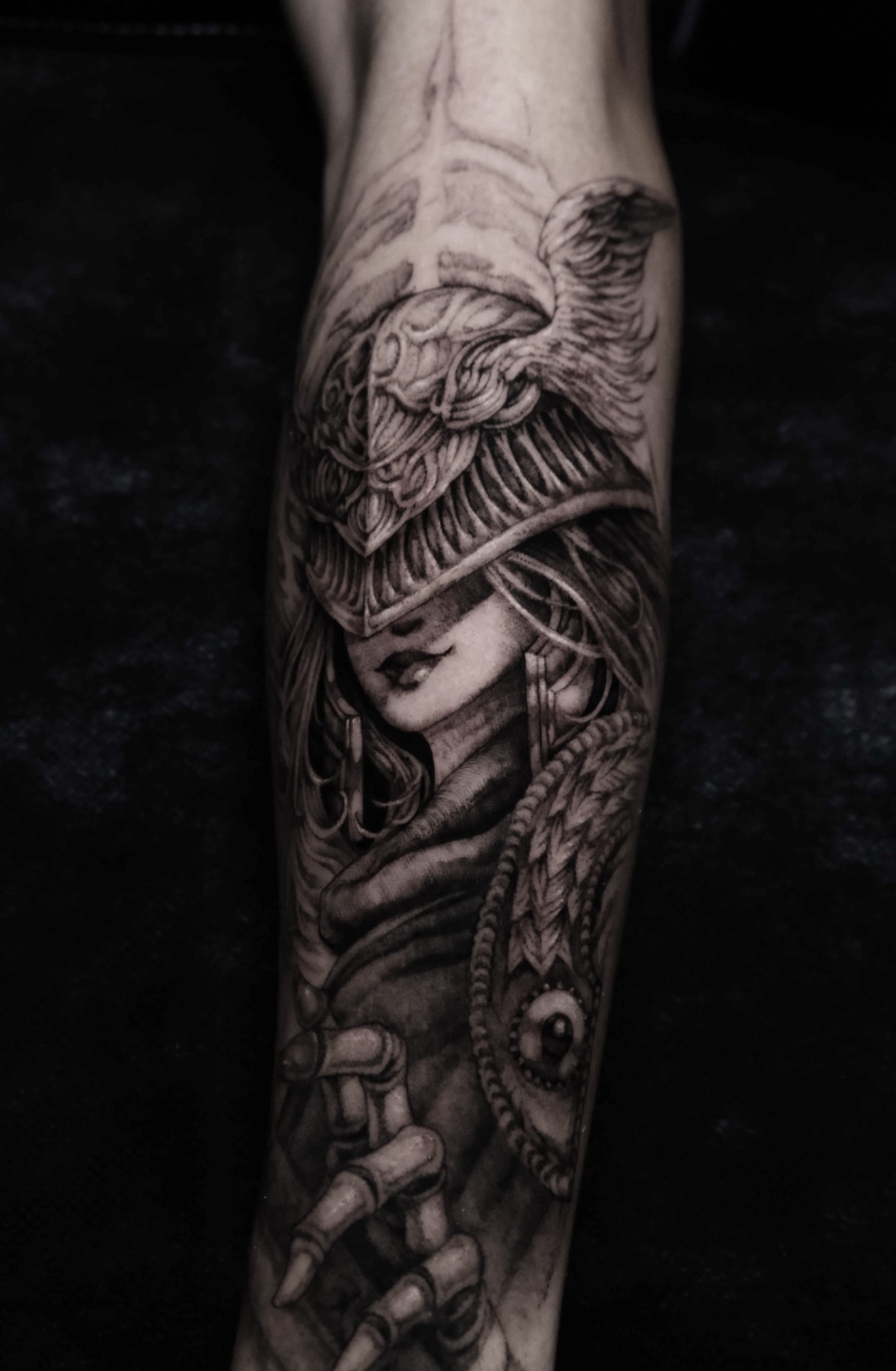 Malenia, Elden Ring tattoo by Mark Worst, freehand dark fantasy style, Los Angeles