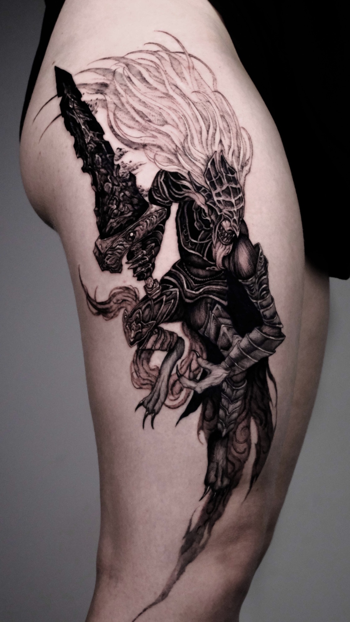 Maliketh, Detail, Elden Ring tattoo by Mark Worst, freehand dark fantasy style, Los Angeles