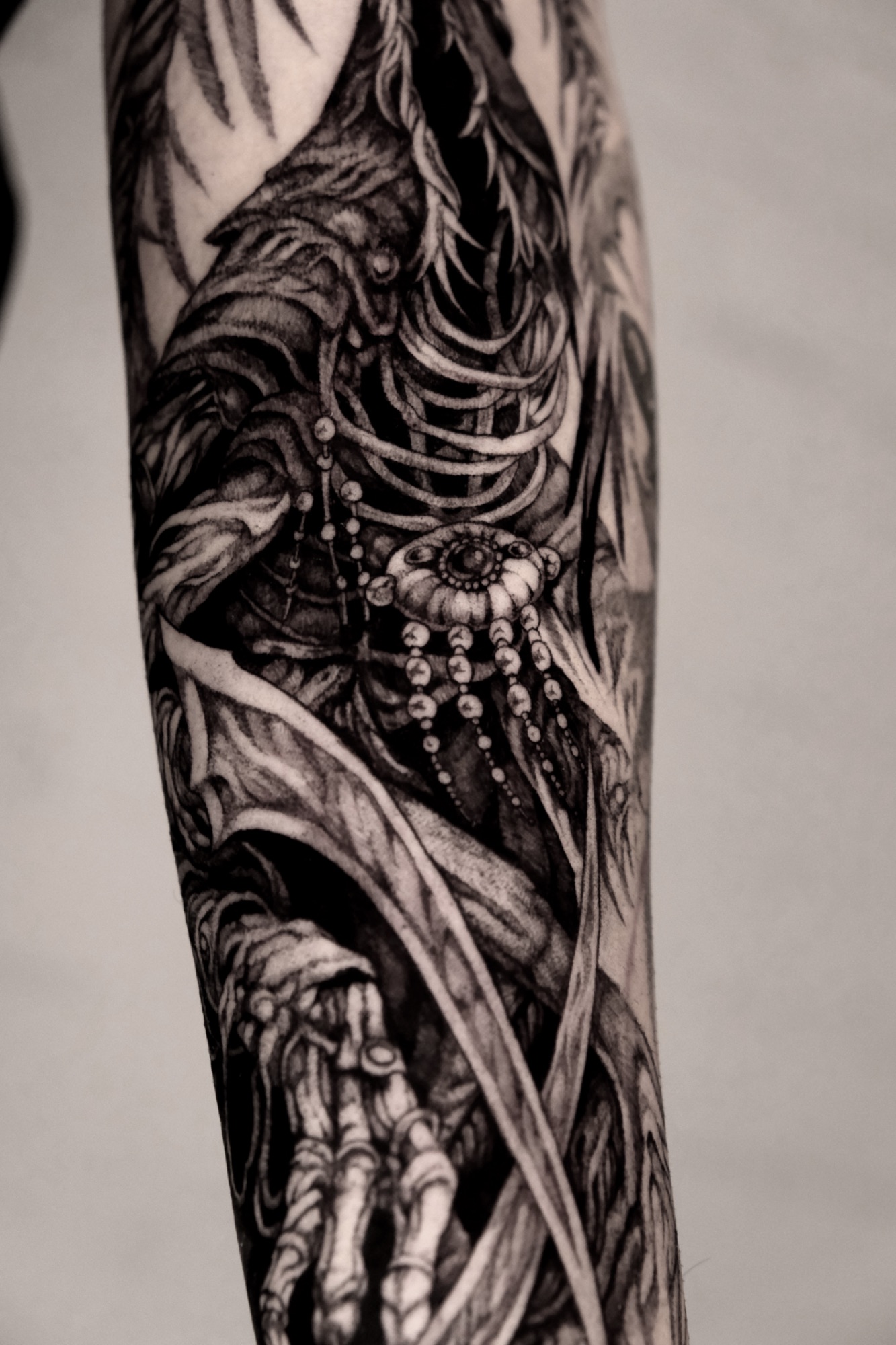 Mergo's Wet Nurse, Bloodborne tattoo by Mark Worst, freehand dark fantasy style, Los Angeles