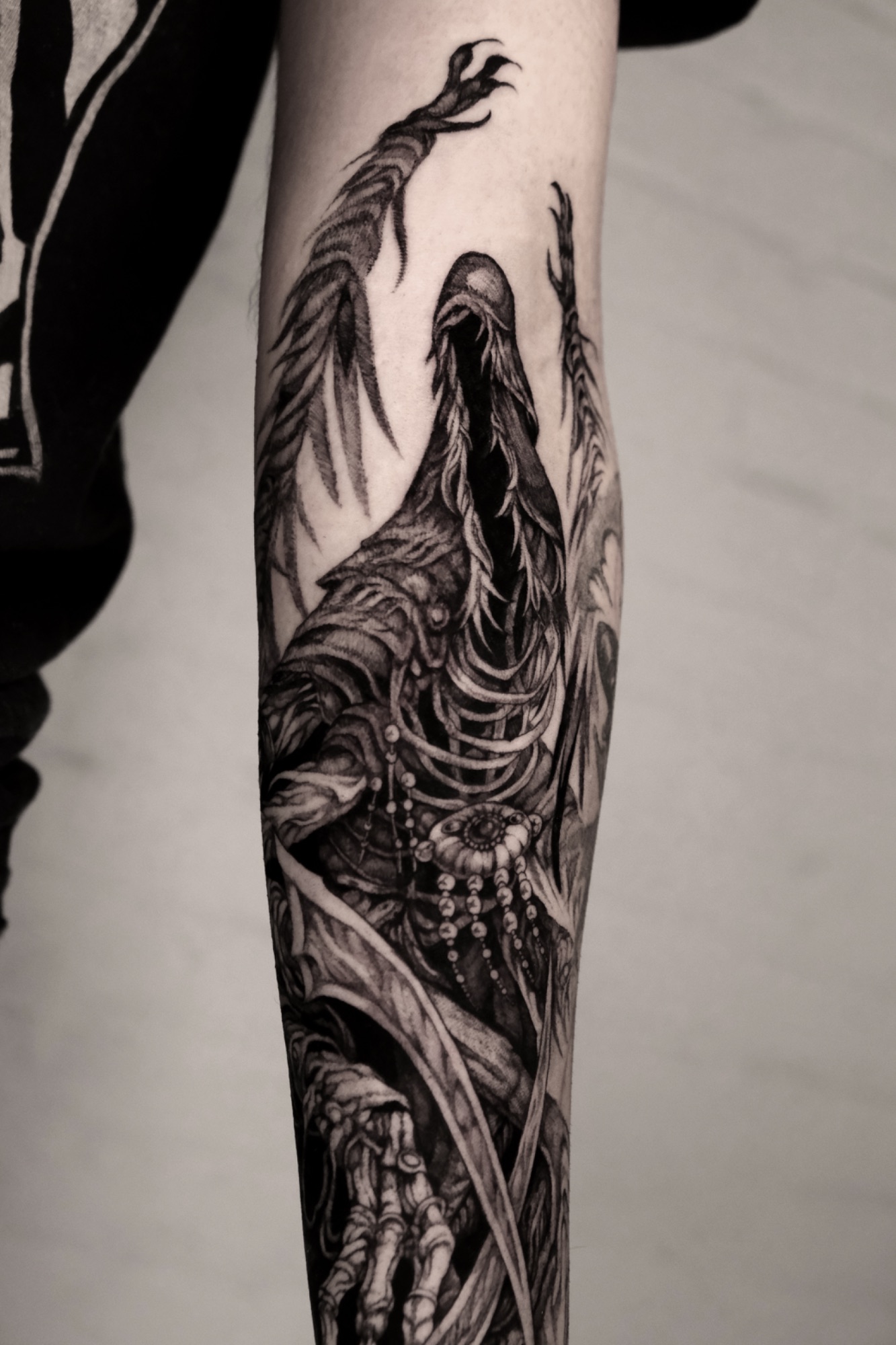 Mergo's Wet Nurse, Detail, Bloodborne tattoo by Mark Worst, freehand dark fantasy style, Los Angeles
