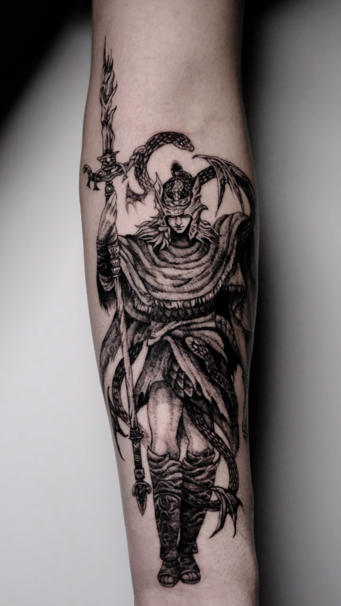 Messmer, Elden Ring tattoo by Mark Worst, freehand dark fantasy style, Los Angeles