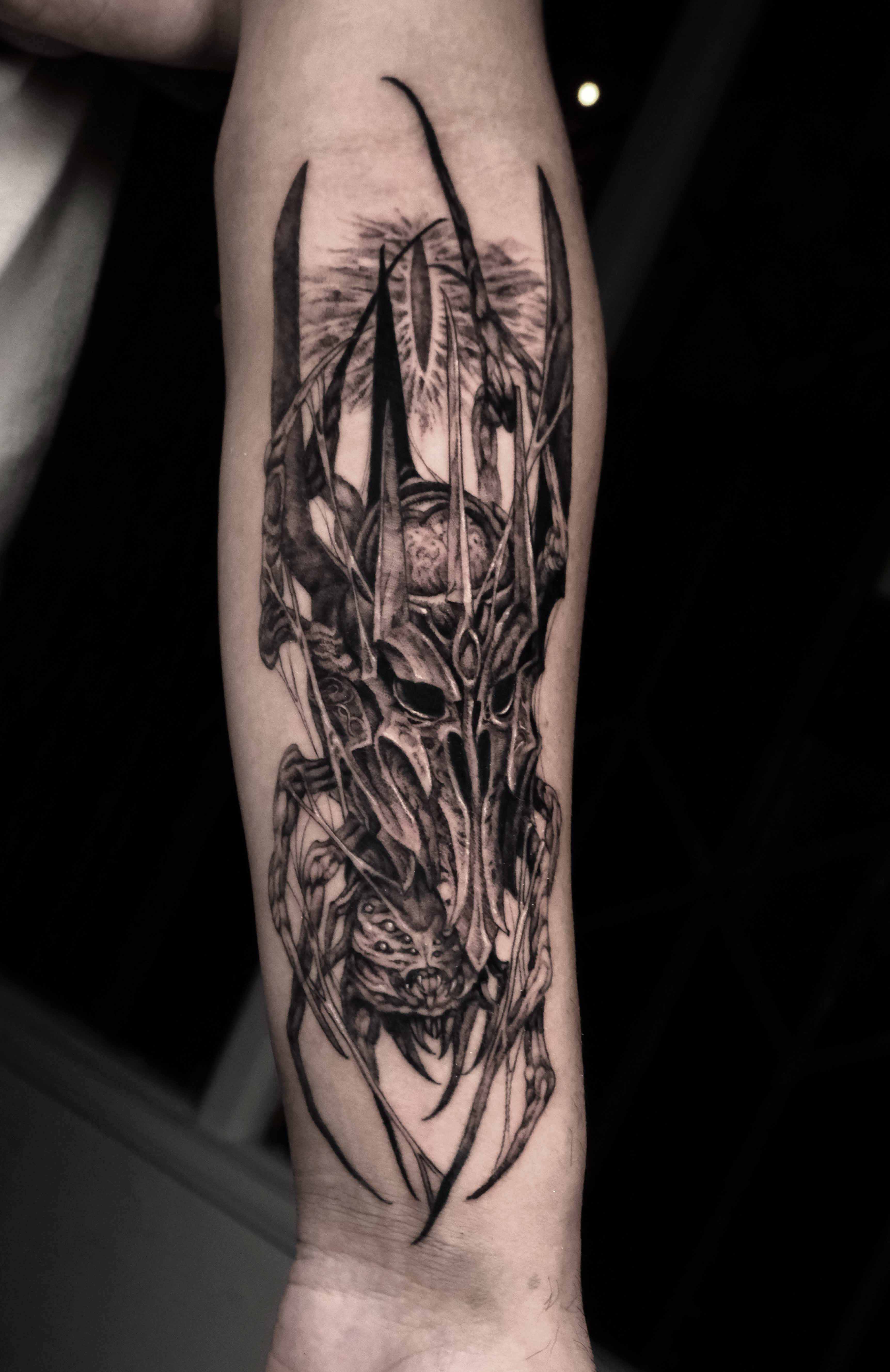 Shelob, Lord of the Rings tattoo by Mark Worst, freehand dark fantasy style, Los Angeles