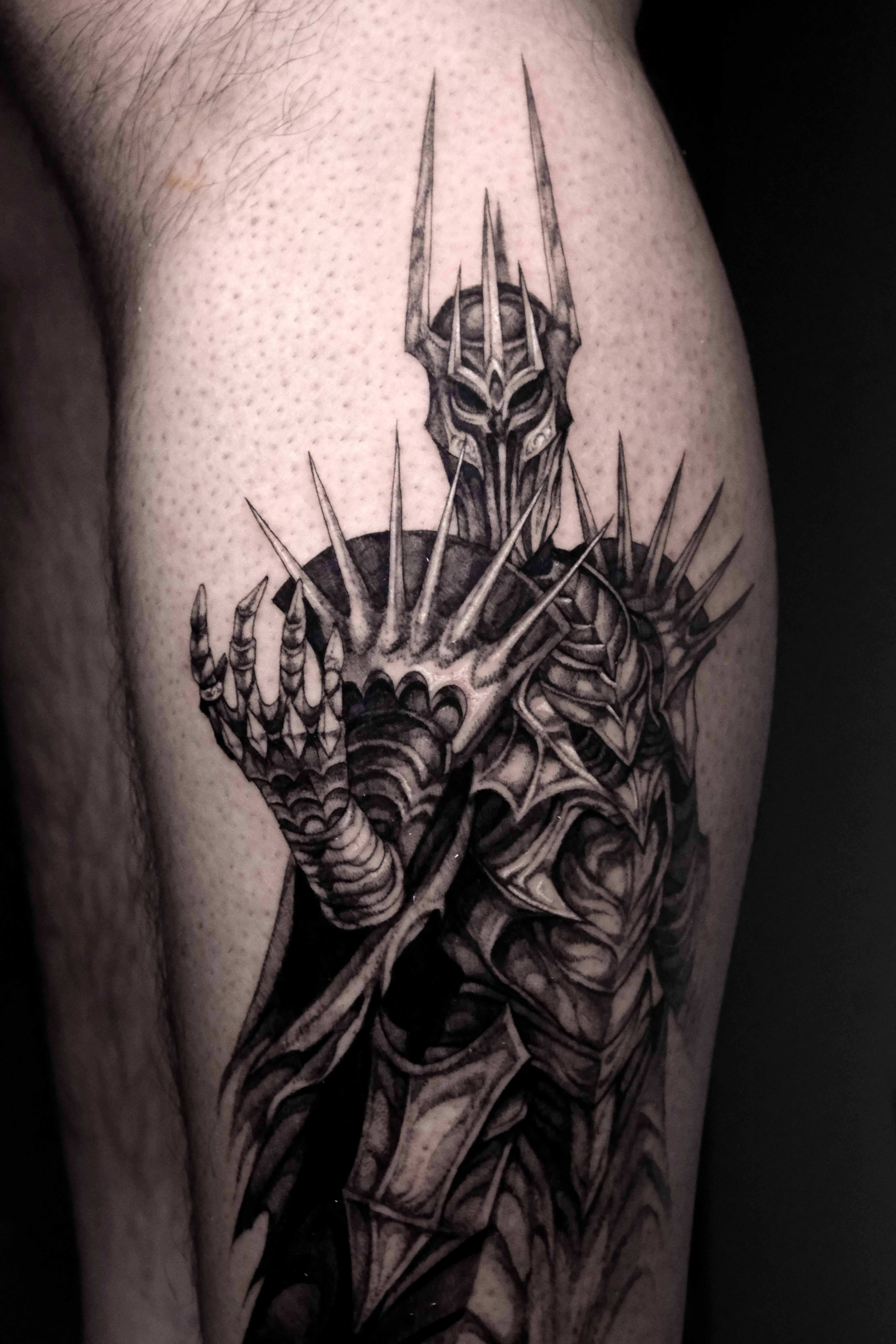 Sauron, Lord of the Rings tattoo by Mark Worst, freehand dark fantasy style, Los Angeles