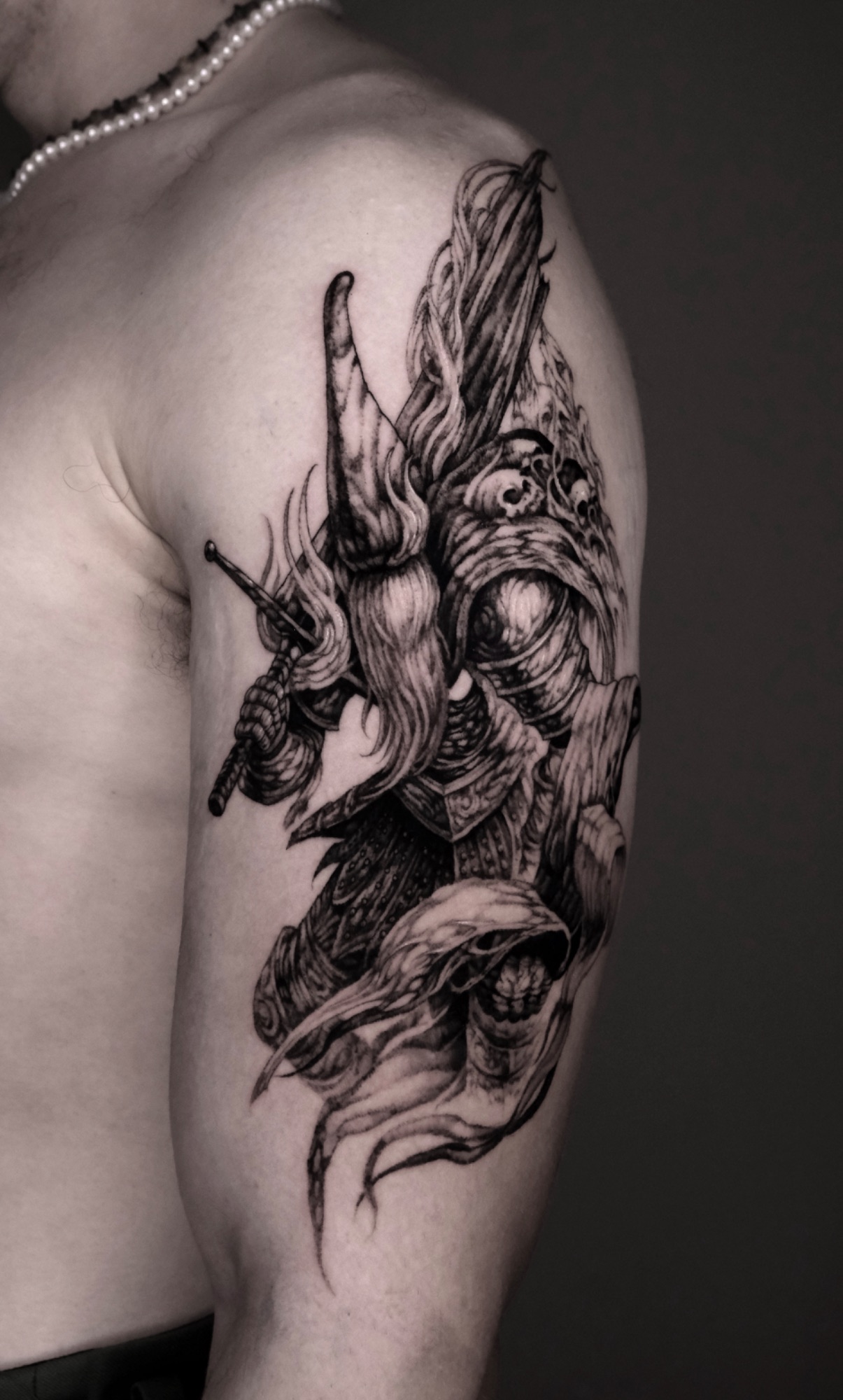 Slave Knight Gael, Dark Souls tattoo by Mark Worst, freehand dark fantasy style, Los Angeles