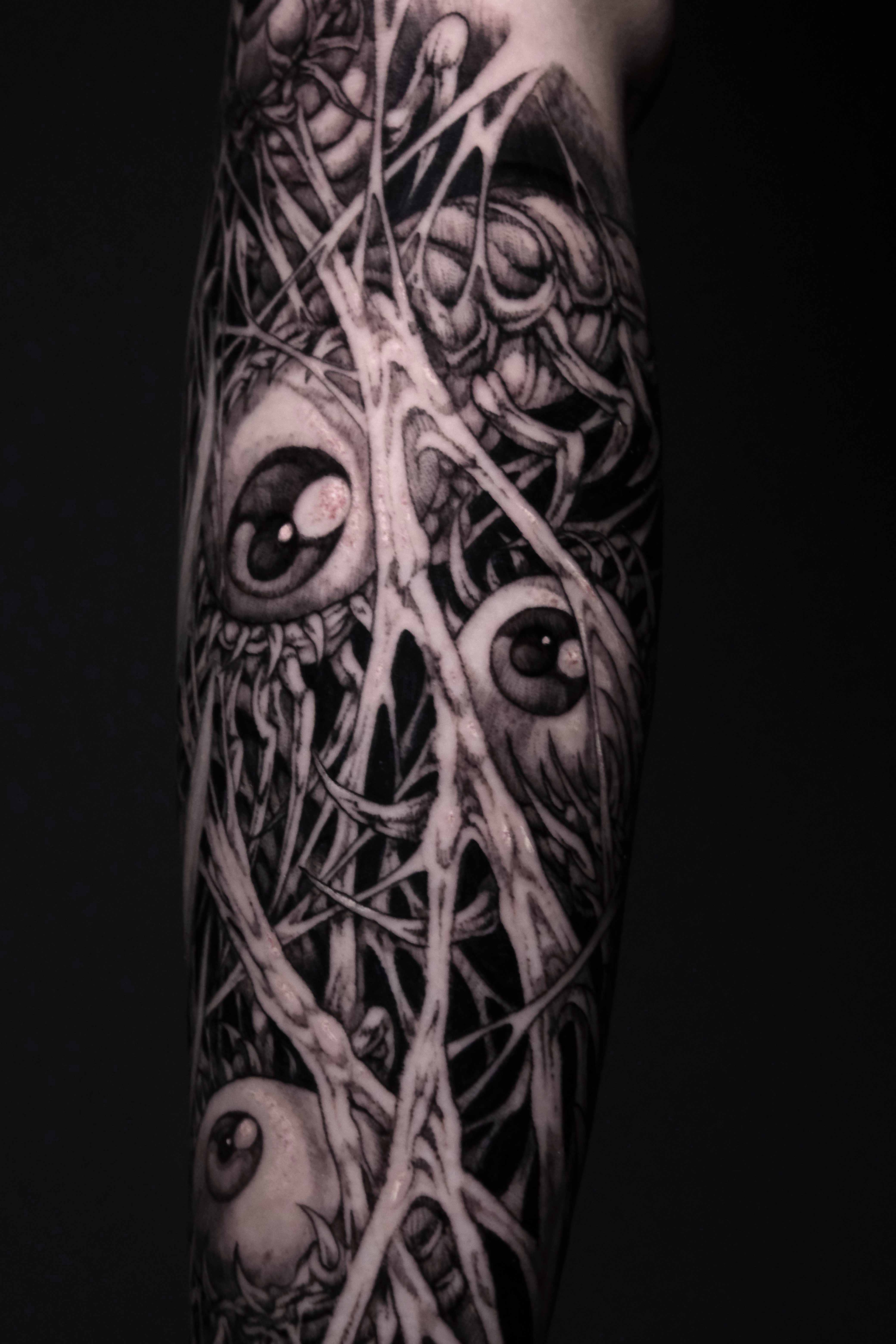 Eyeballs Among Thorns, Dark Fantasy tattoo by Mark Worst, freehand dark fantasy style, Los Angeles
