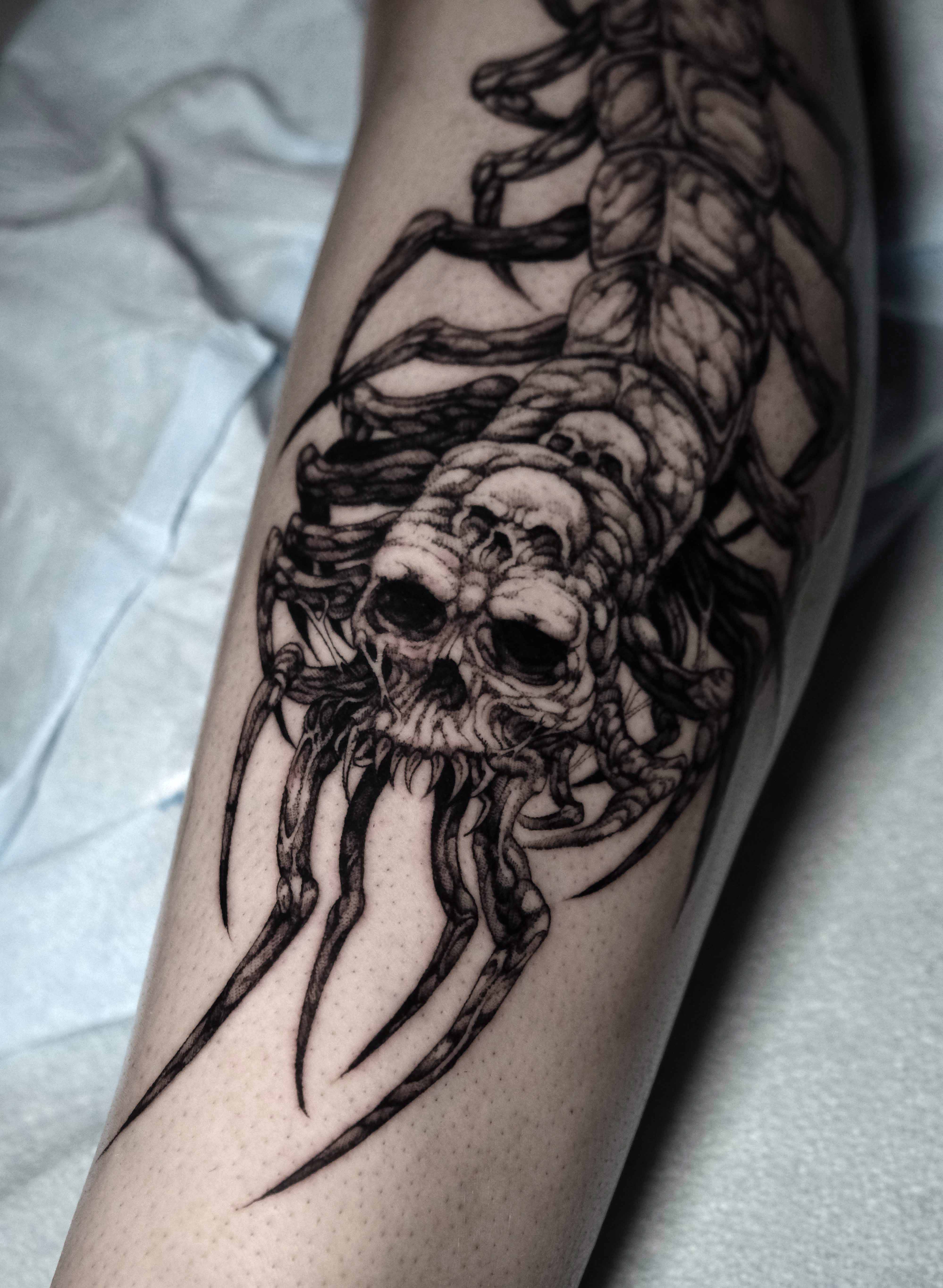 Skull Creature, Dark Fantasy tattoo by Mark Worst, freehand dark fantasy style, Los Angeles