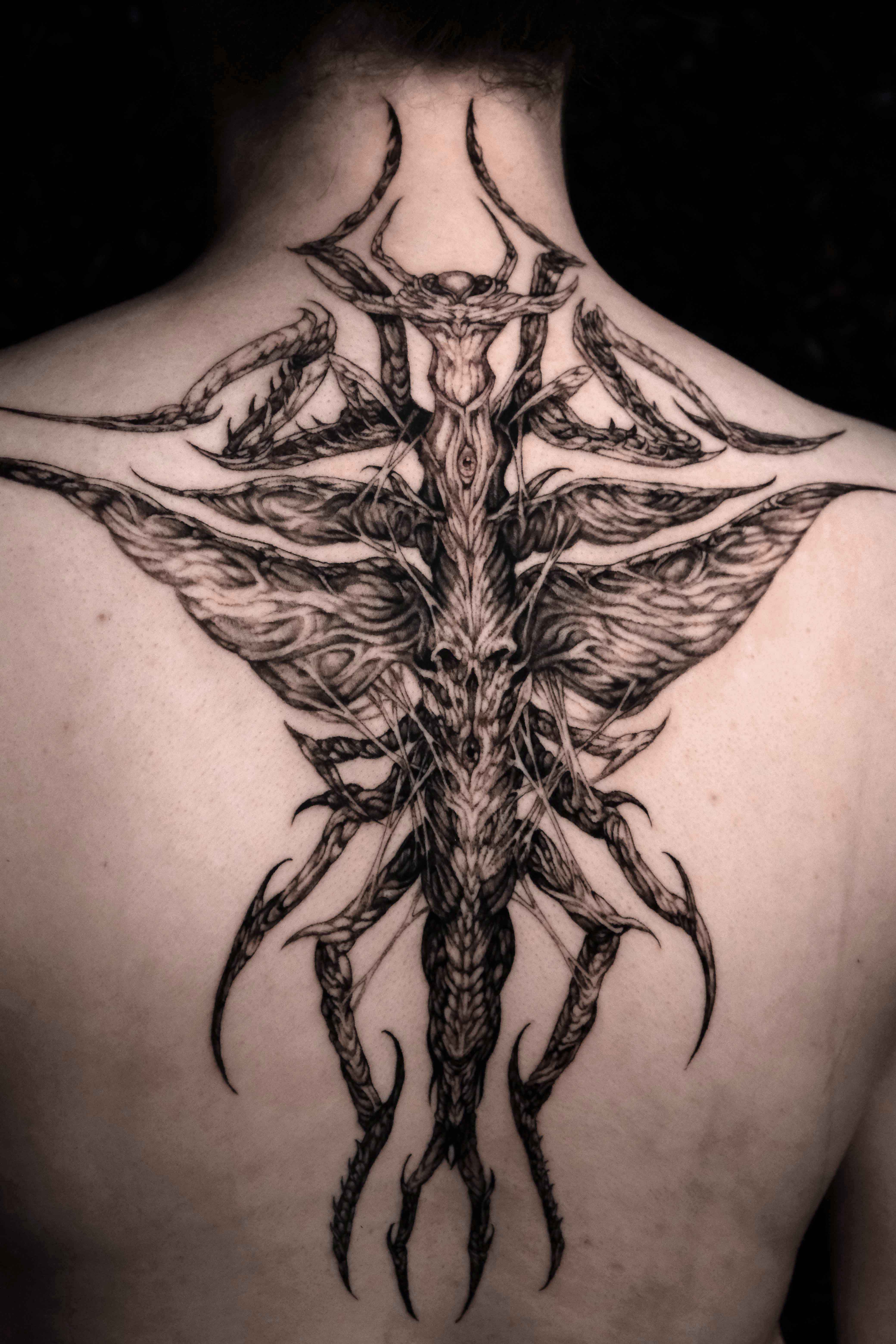 Dark Creature, Back Piece, Dark Fantasy tattoo by Mark Worst, freehand dark fantasy style, Los Angeles