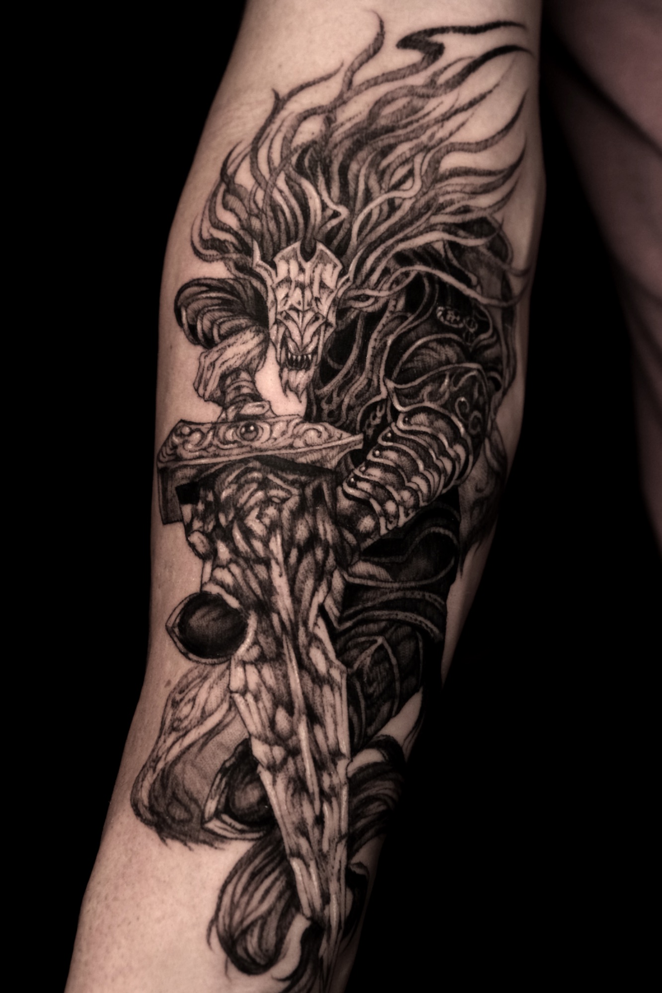 Maliketh, Elden Ring tattoo by Mark Worst, freehand dark fantasy style, Los Angeles
