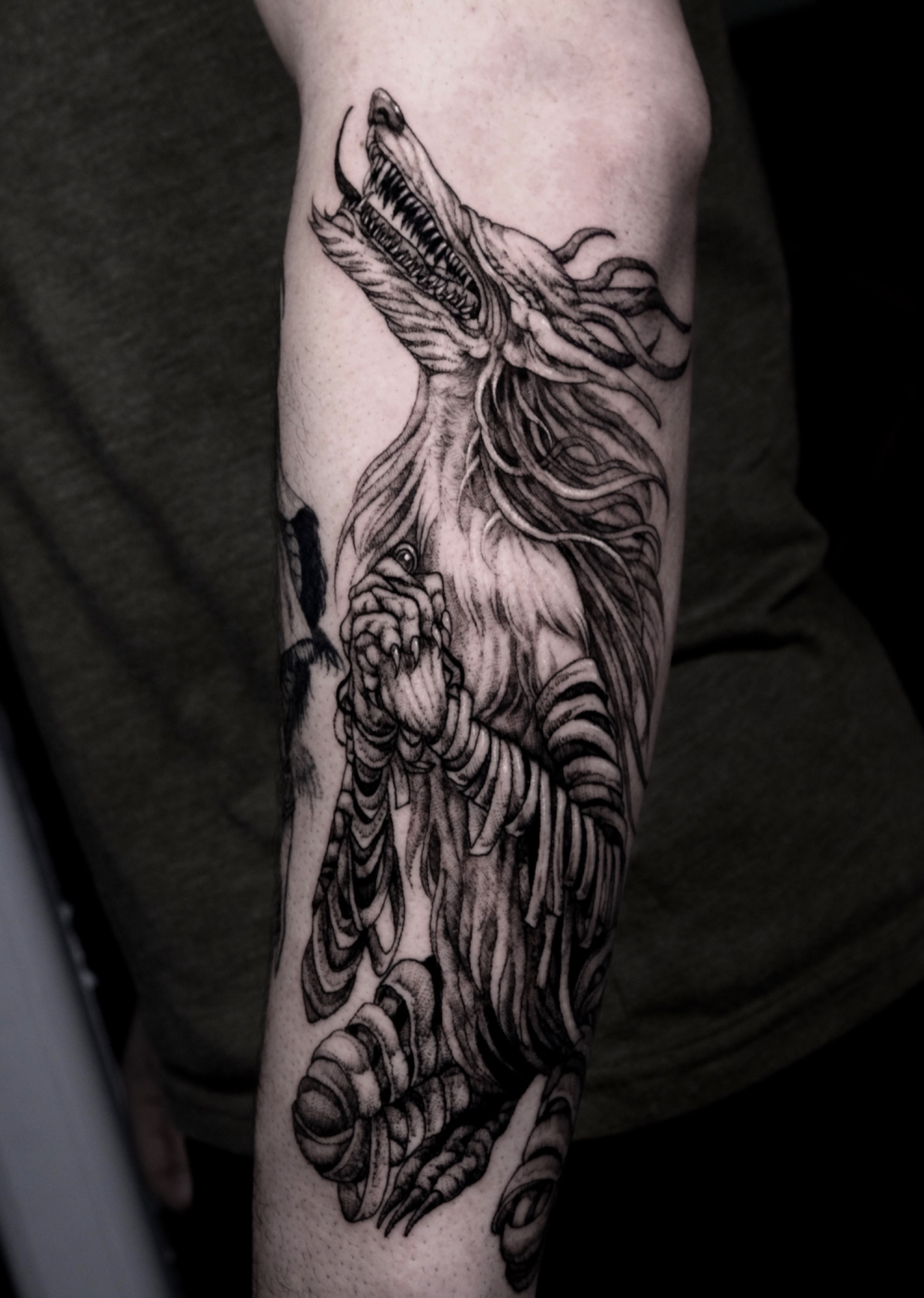 Vicar Amelia, Bloodborne tattoo by Mark Worst, freehand dark fantasy style, Los Angeles