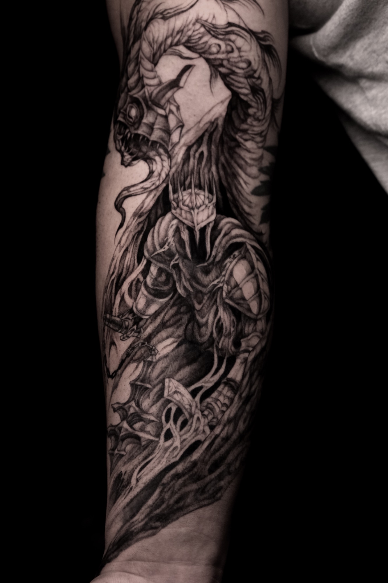 Witch-king of Angmar, Lord of the Rings tattoo by Mark Worst, freehand dark fantasy style, Los Angeles